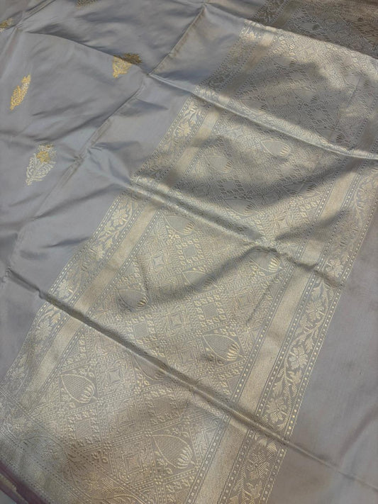 Grey Pure Katan Silk Banarasi Zari Border Sona Rupa Buta Saree