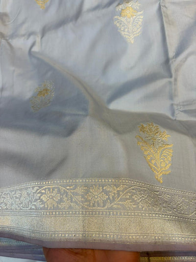 Grey Pure Katan Silk Banarasi Zari Border Sona Rupa Buta Saree