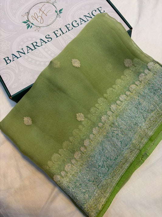 Contrast Pure khaddi chiffon Zari Border Buti saree