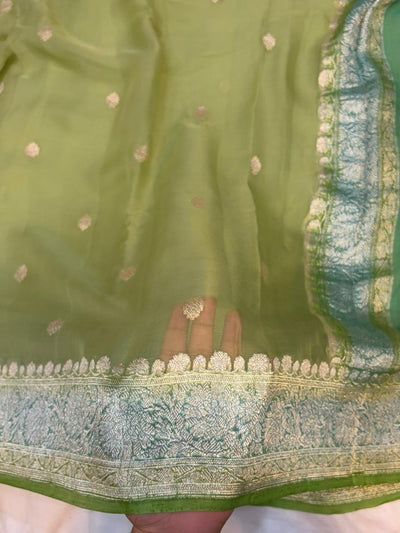 Contrast Pure khaddi chiffon Zari Border Buti saree