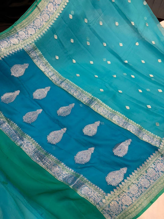 Contrast Pure khaddi chiffon Zari Border Buti saree
