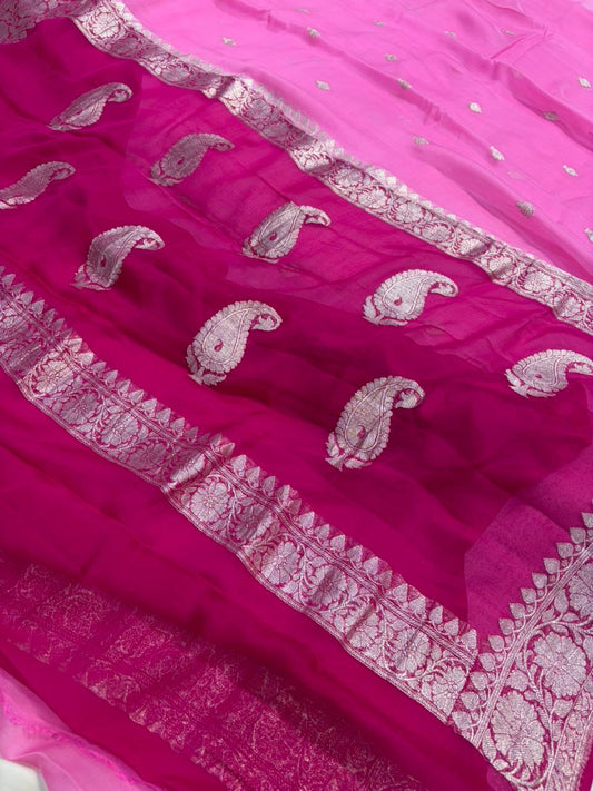 Contrast Pure khaddi chiffon Zari Border Buti saree