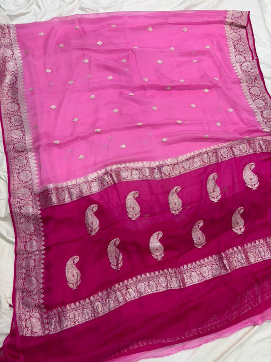 Contrast Pure khaddi chiffon Zari Border Buti saree