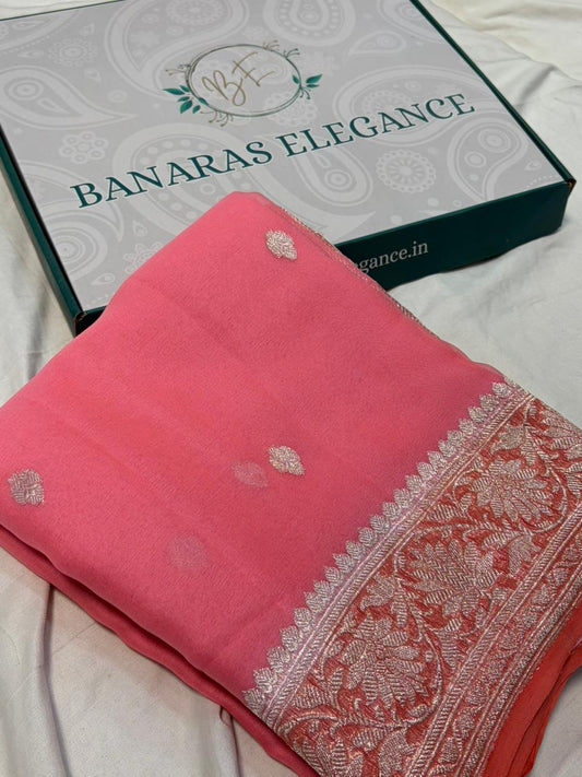Contrast Pure khaddi chiffon Zari Border Buti saree