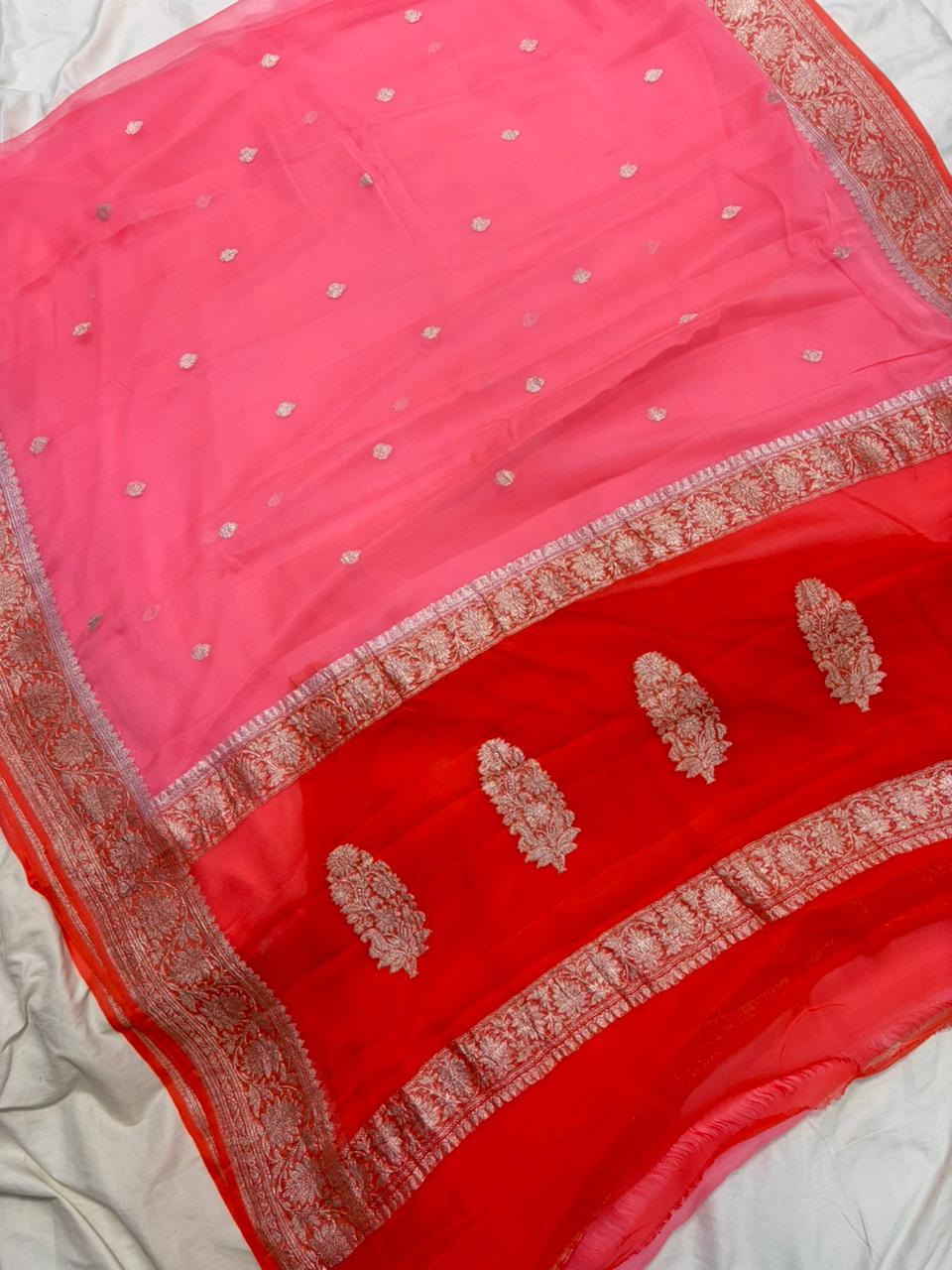 Contrast Pure khaddi chiffon Zari Border Buti saree