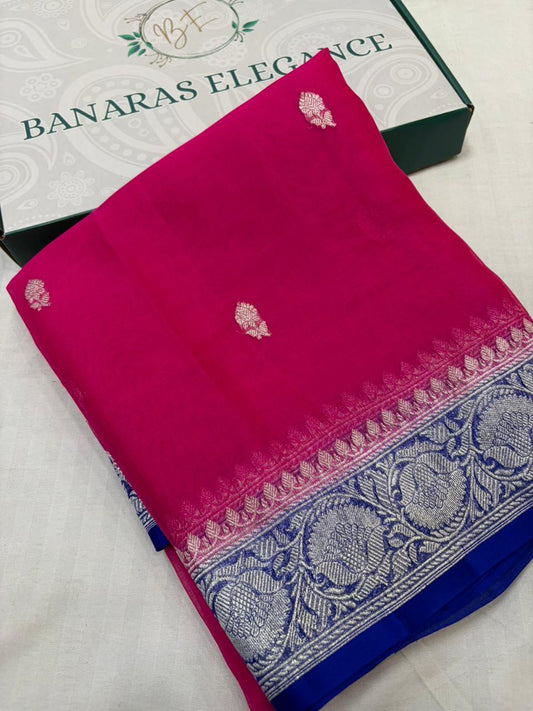 Contrast Pure khaddi chiffon Zari Border Buti saree
