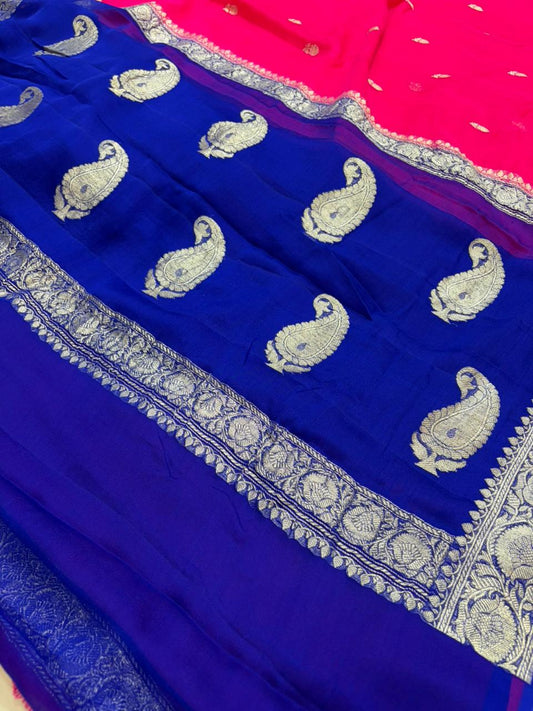 Contrast Pure khaddi chiffon Zari Border Buti saree