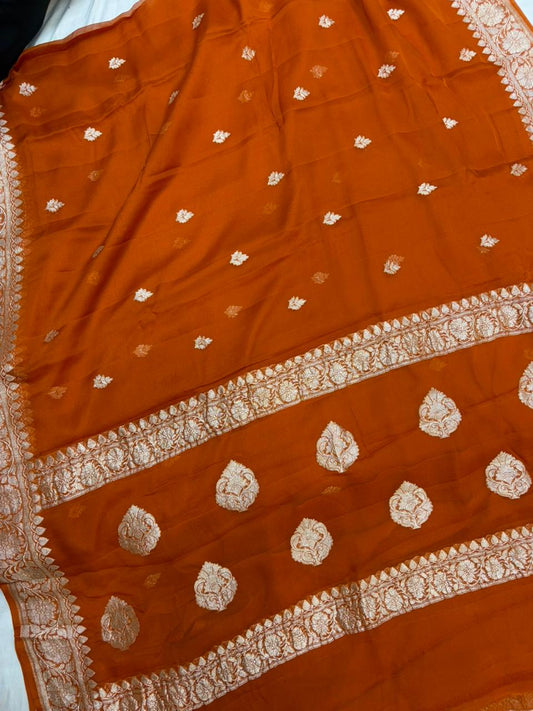 Pure khaddi chiffon saree in rust orange colour