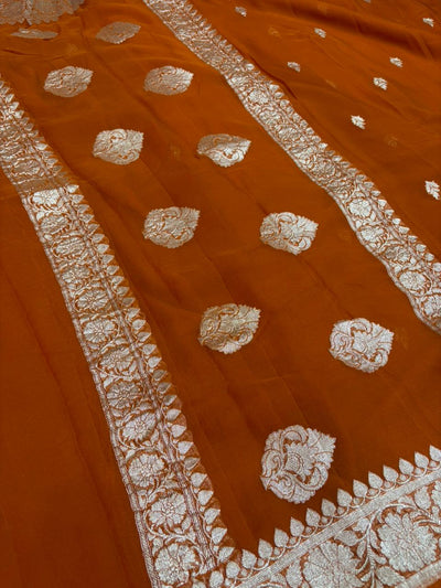 Pure khaddi chiffon saree in rust orange colour