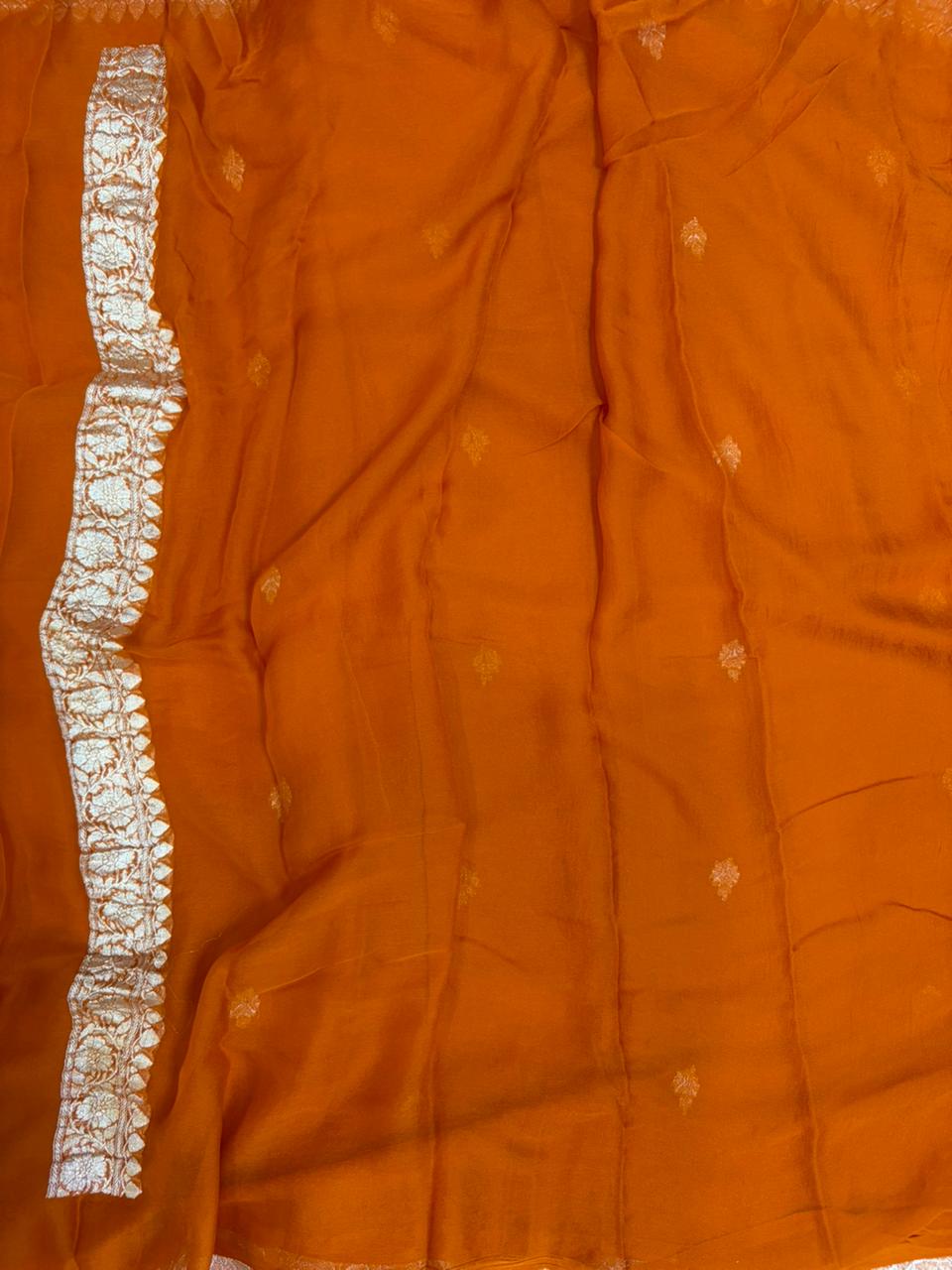 Pure khaddi chiffon saree in rust orange colour