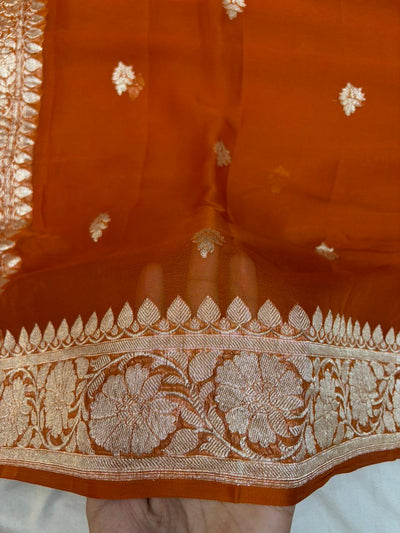Pure khaddi chiffon saree in rust orange colour