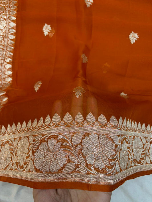 Pure khaddi chiffon saree in rust orange colour