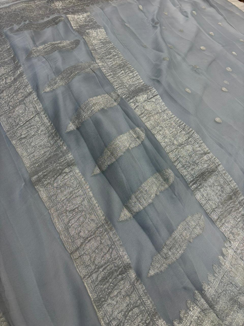 Pure khaddi chiffon Zari Banarasi Border Buti saree
