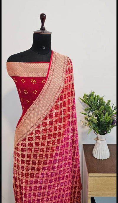 Contrast Pure Georgette Bandhani Zari Banarasi Border Saree