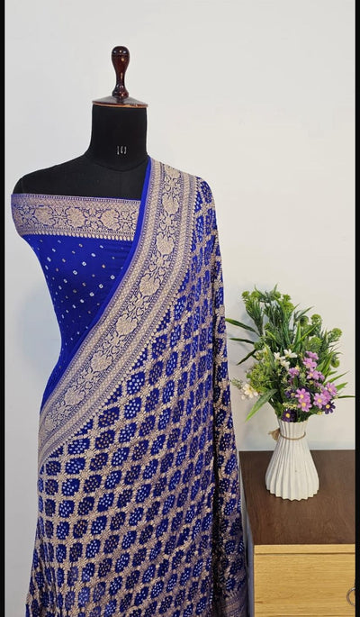 Pure Georgette Bandhani Zari Banarasi Border Saree