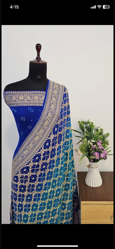 Contrast Pure Georgette Bandhani Zari Banarasi Border Saree