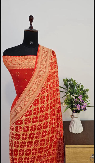 Pure Georgette Bandhani Zari Banarasi Border Saree