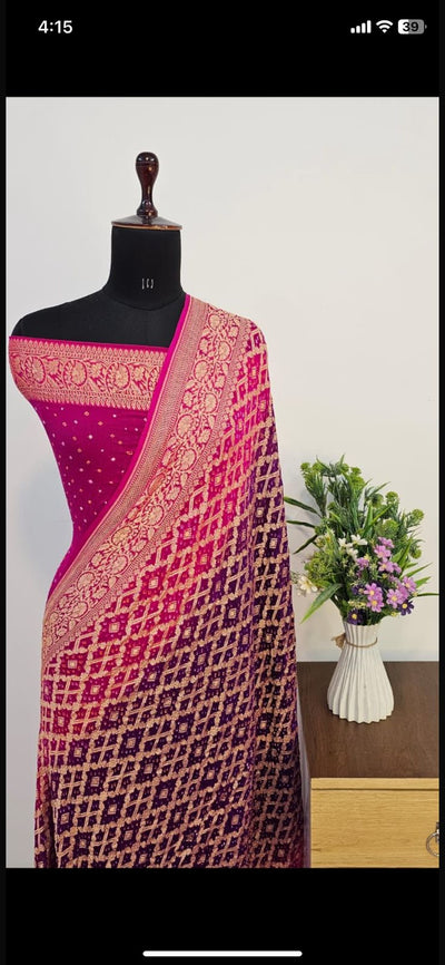 Contrast Pure Georgette Bandhani Zari Banarasi Border Saree