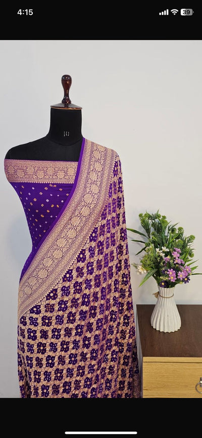 Pure Georgette Bandhani Zari Banarasi Border Saree