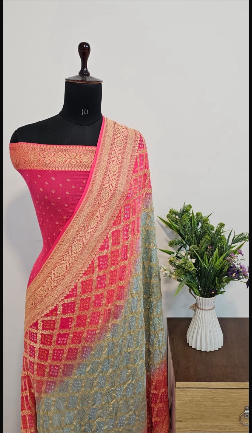 Contrast Pure Georgette Bandhani Zari Banarasi Border Saree