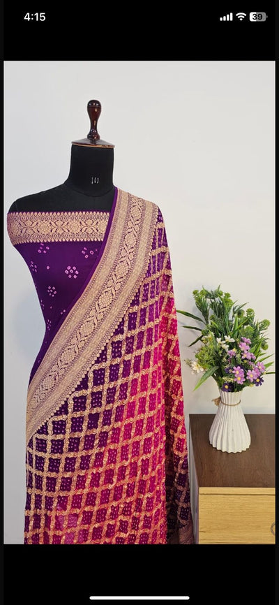 Contrast Pure Georgette Bandhani Zari Banarasi Border Saree