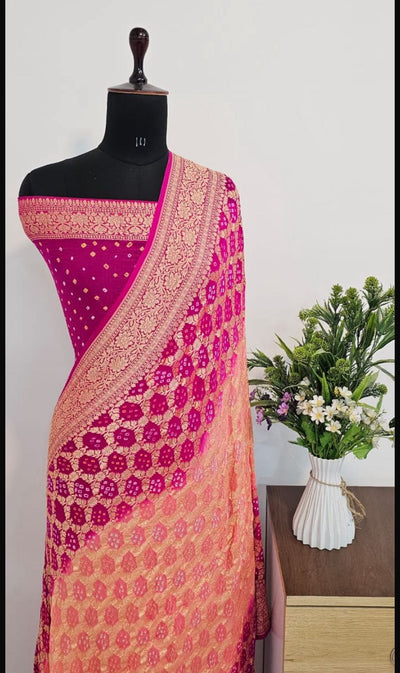 Contrast Pure Georgette Bandhani Zari Banarasi Border Saree