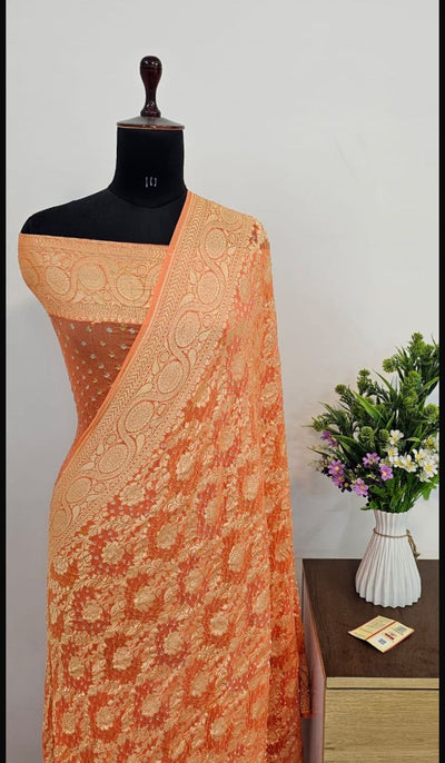 Pure Georgette Bandhani Zari Banarasi Border Saree