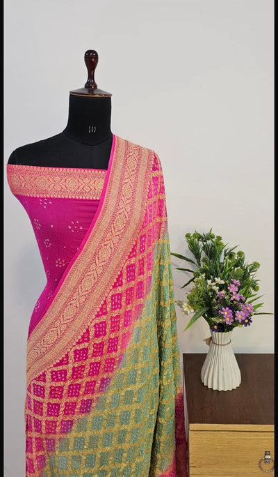 Contrast Pure Georgette Bandhani Zari Banarasi Border Saree