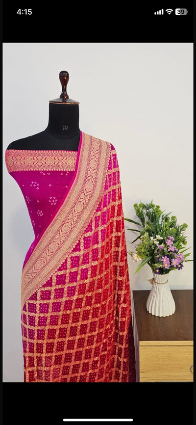 Contrast Pure Georgette Bandhani Zari Banarasi Border Saree
