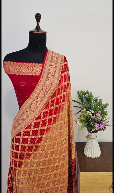 Contrast Pure Georgette Bandhani Zari Banarasi Border Saree