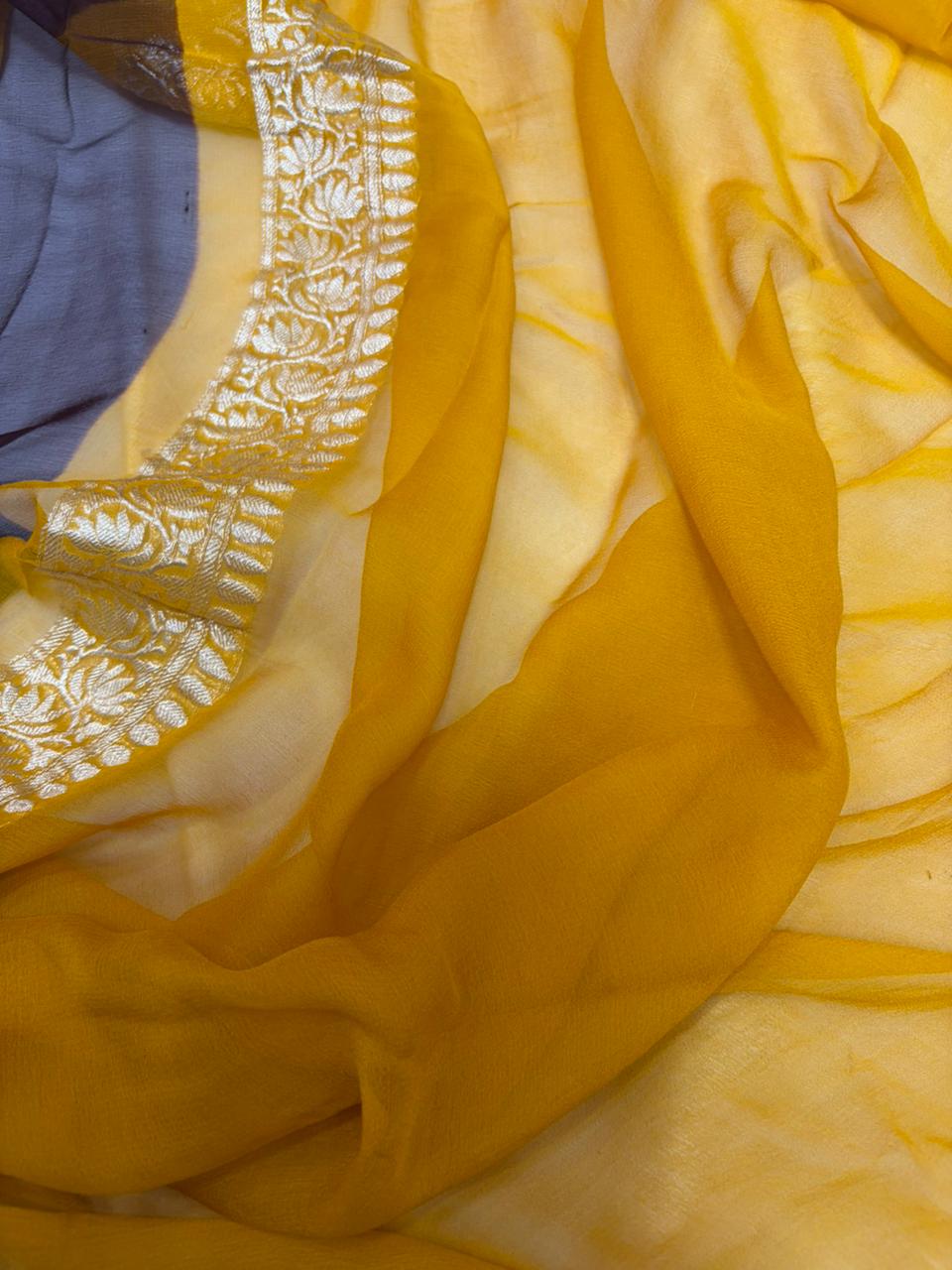 Contrast Pure khaddi chiffon Zari Banarasi Border Buti saree
