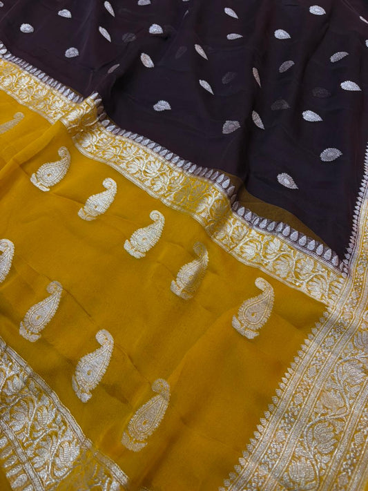 Contrast Pure khaddi chiffon Zari Banarasi Border Buti saree