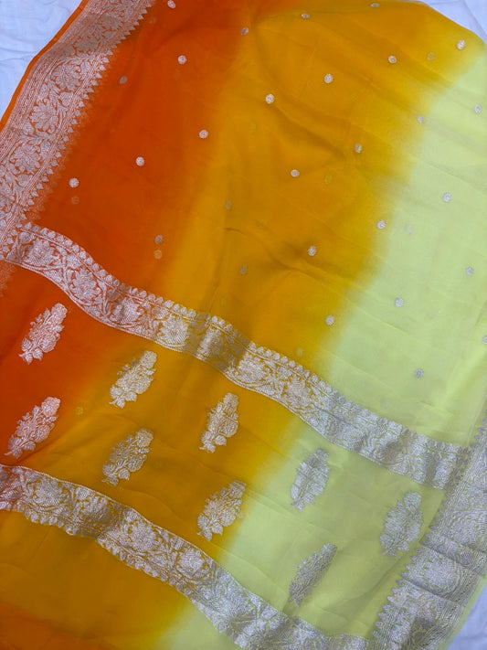 Tripple Shade Pure khaddi chiffon Zari Banarasi Border Buti saree