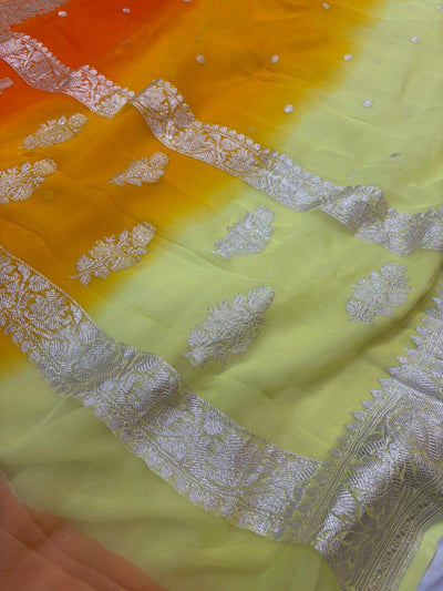 Tripple Shade Pure khaddi chiffon Zari Banarasi Border Buti saree