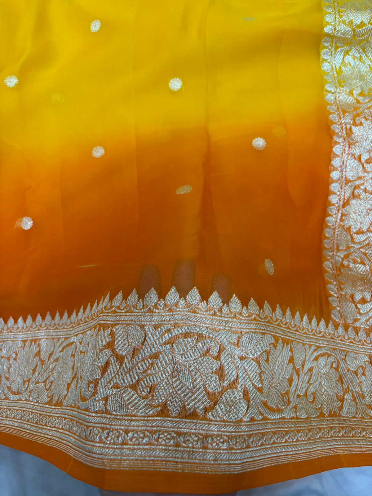 Tripple Shade Pure khaddi chiffon Zari Banarasi Border Buti saree