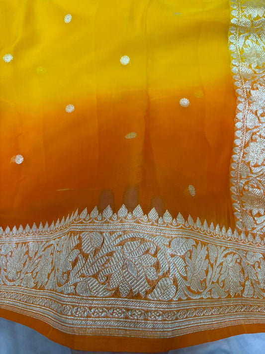 Tripple Shade Pure khaddi chiffon Zari Banarasi Border Buti saree