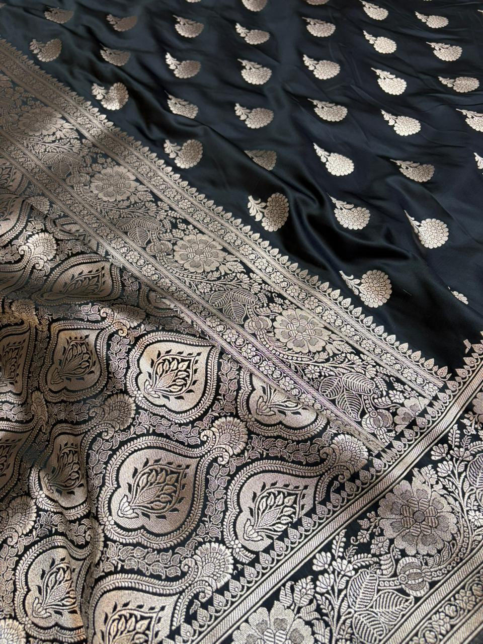 Black Mashru Silk Banarasi Zari Border Buti Saree