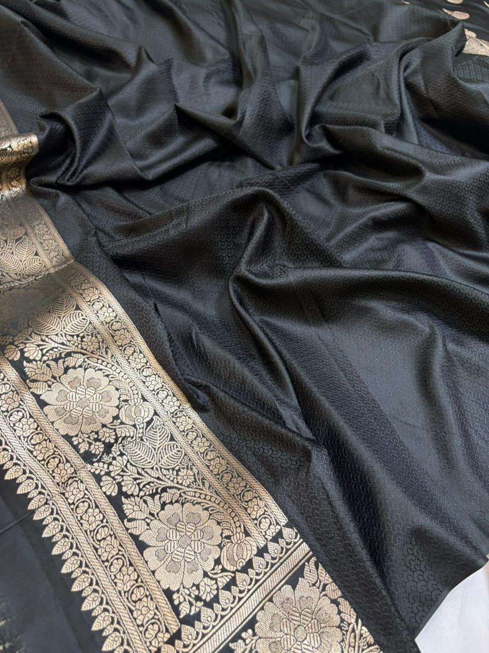 Black Mashru Silk Banarasi Zari Border Buti Saree