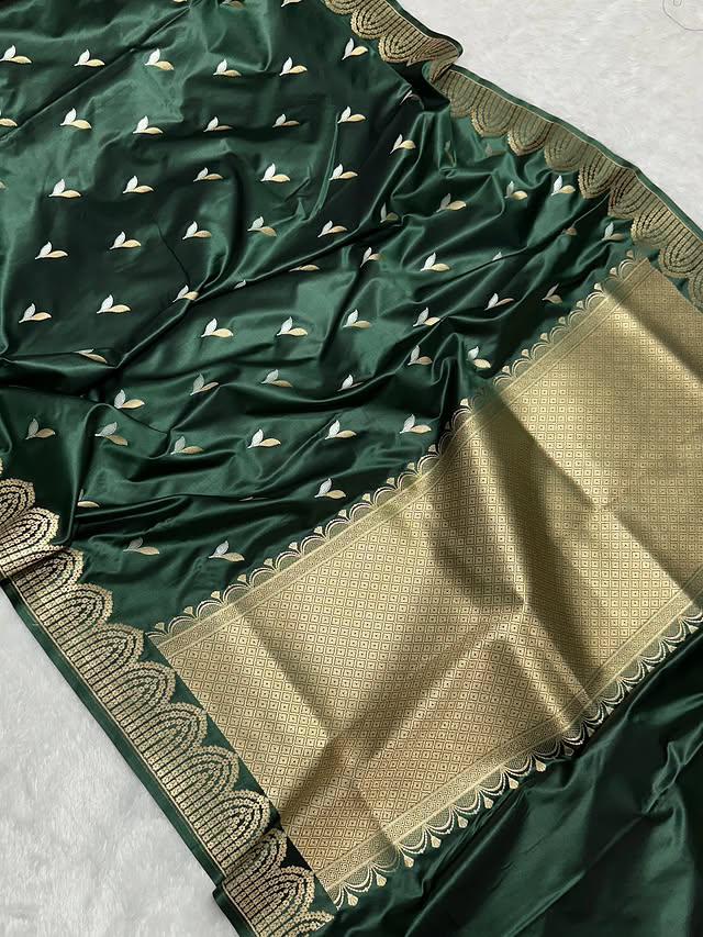 Bottle Green  Mashru Silk Zari Open Border Buti Saree
