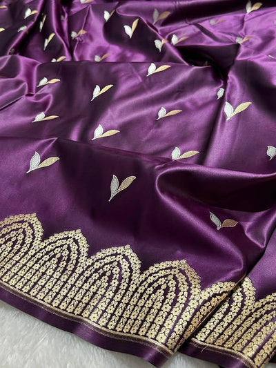 Purple Mashru Silk Zari Open Border Buti Saree