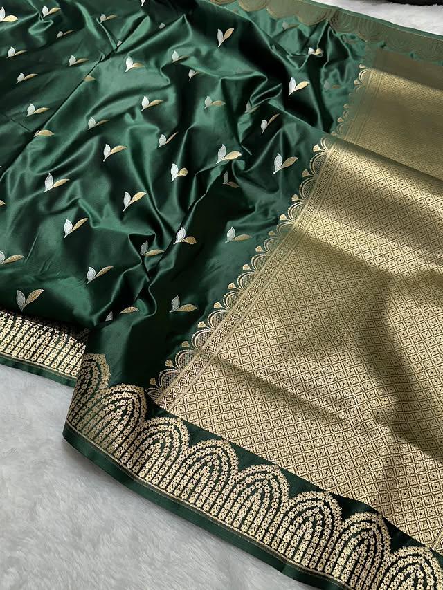 Bottle Green  Mashru Silk Zari Open Border Buti Saree