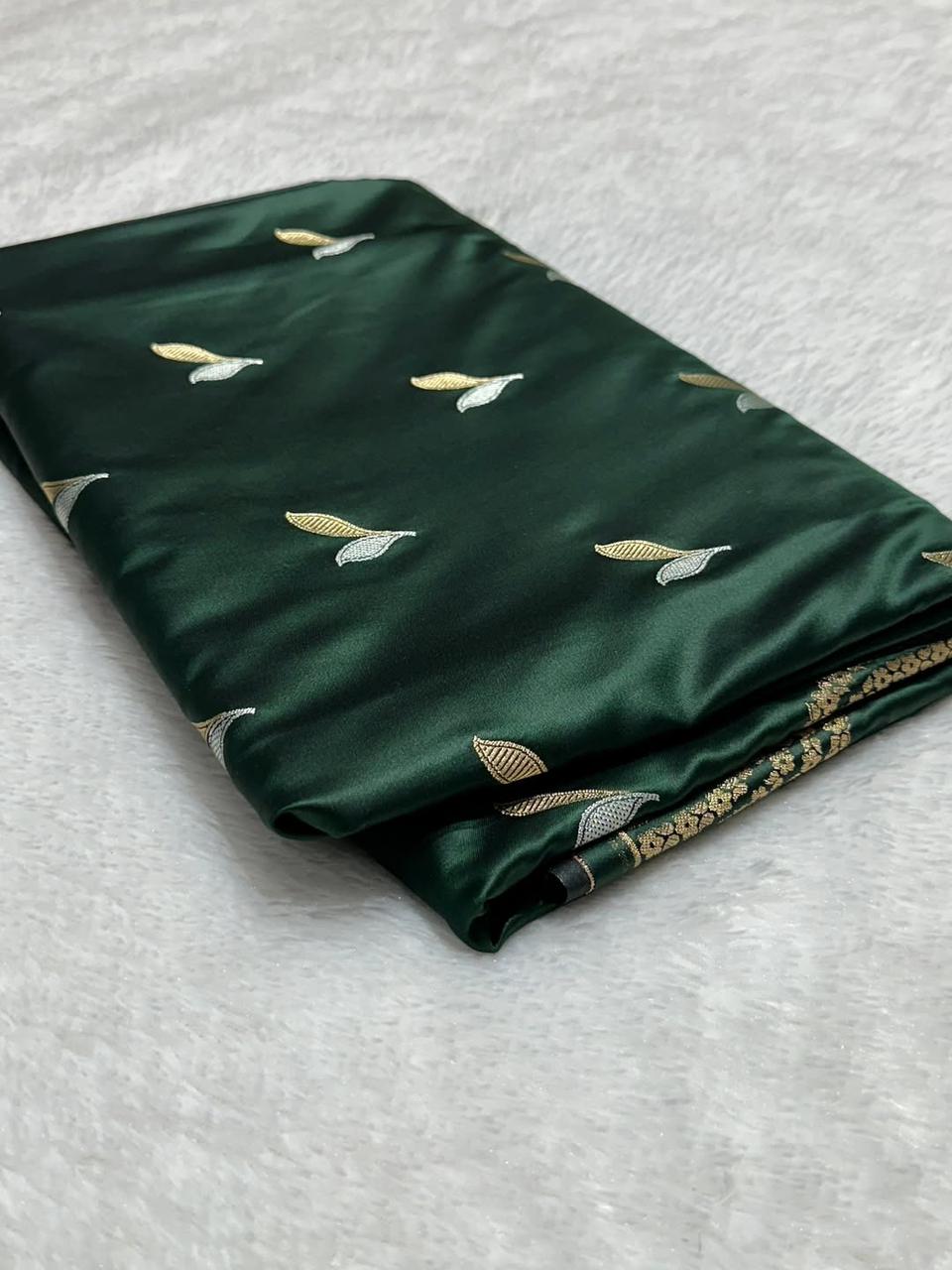 Bottle Green  Mashru Silk Zari Open Border Buti Saree