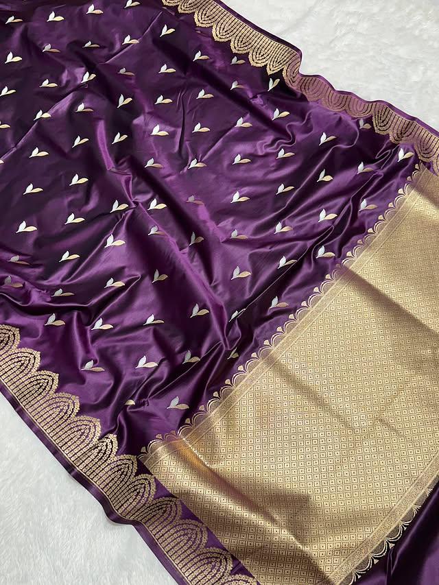 Purple Mashru Silk Zari Open Border Buti Saree