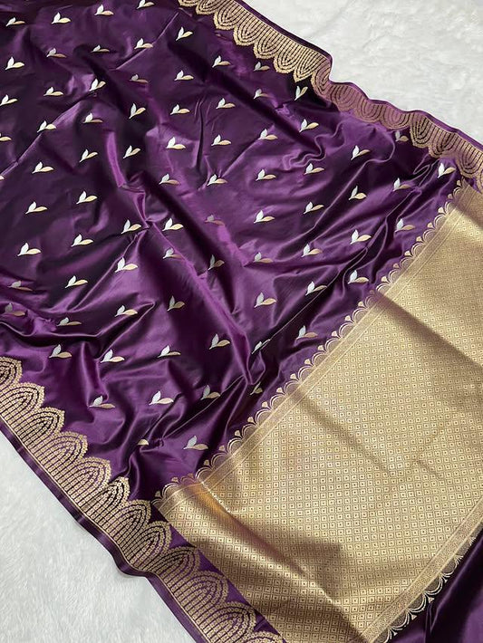 Purple Mashru Silk Zari Open Border Buti Saree
