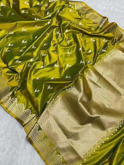 Mehndi Mashru Silk Zari Open Border Buti Saree