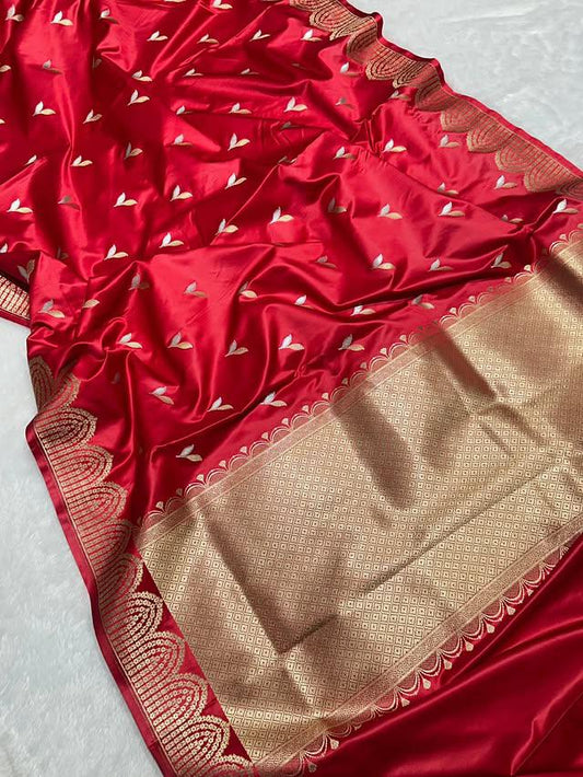 Red Mashru Silk Zari Open Border Buti Saree