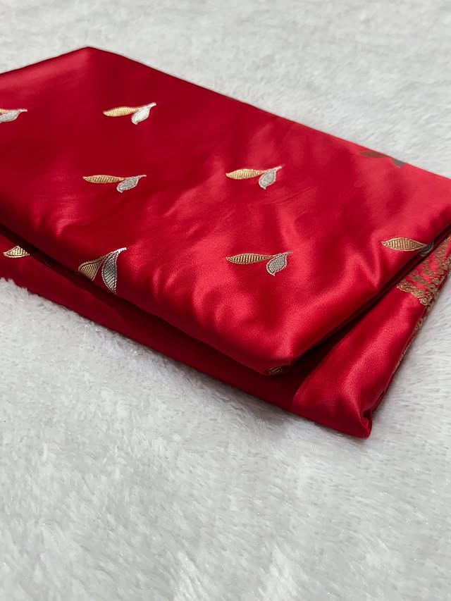 Red Mashru Silk Zari Open Border Buti Saree