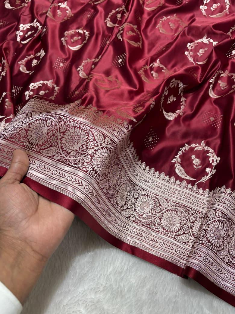 Maroon Mashru Silk Zari Banarasi Border Buta Saree