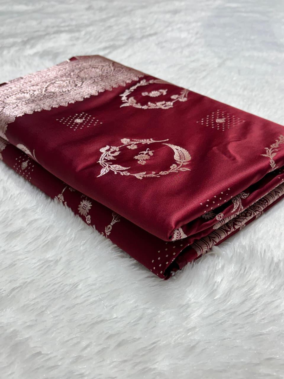Maroon Mashru Silk Zari Banarasi Border Buta Saree