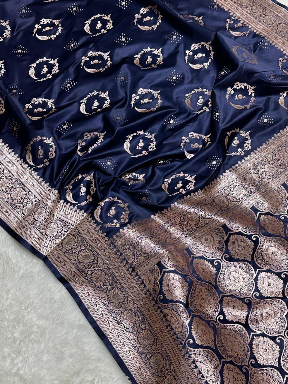 Navy Blue Mashru Silk Zari Banarasi Border Buta Saree